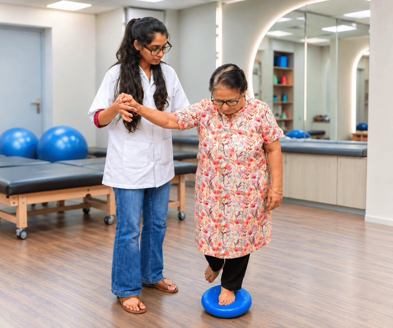 A physiotherapist supporting a patient balancing on a cushion