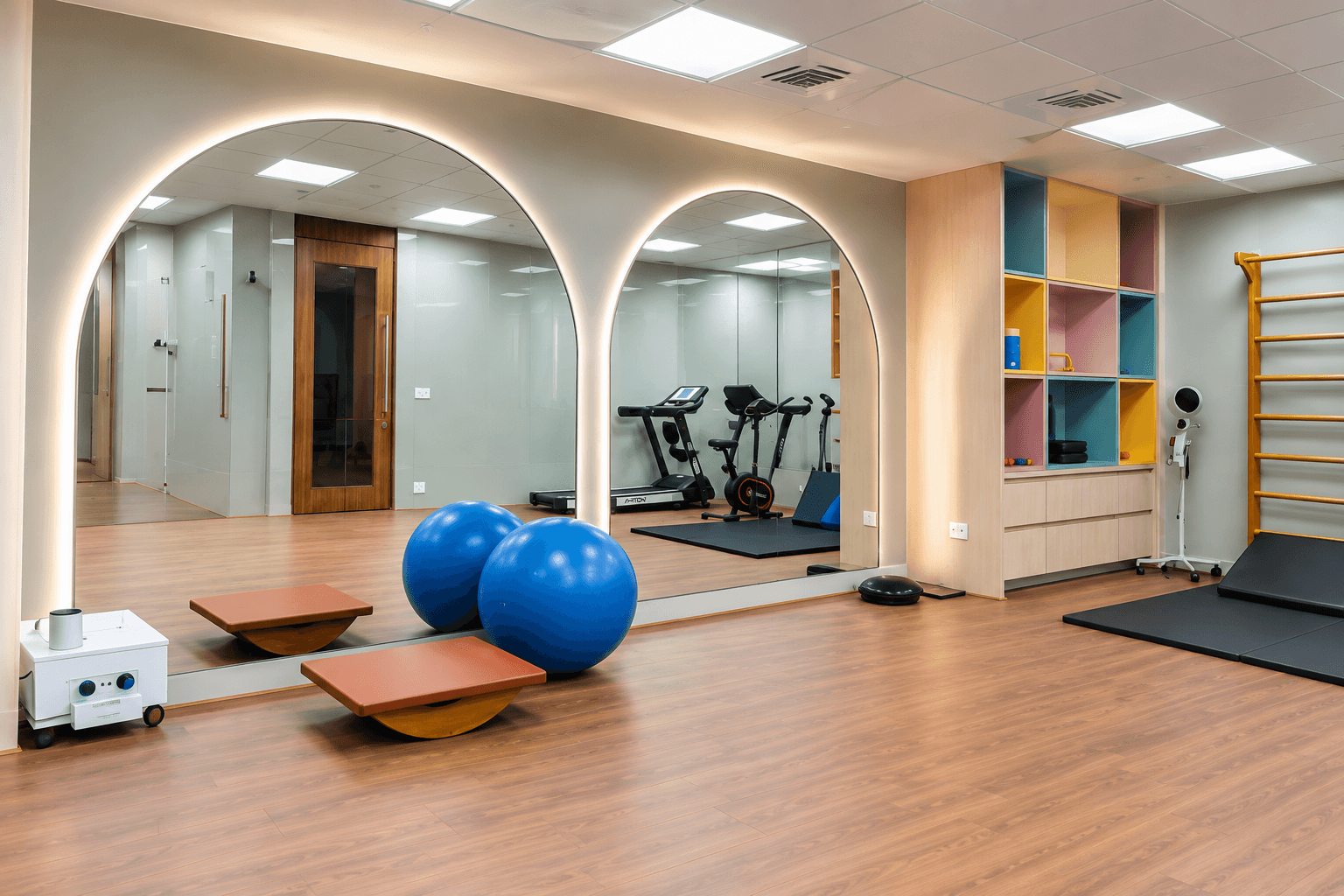 Arched exercise studio with mirrors, gym balls and wall bars