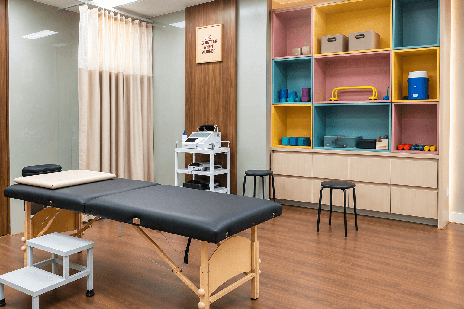 Colourful paediatric therapy bay with storage shelves and a treatment table